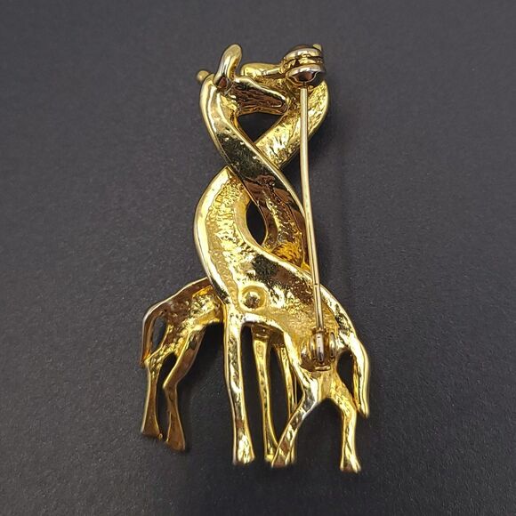 Vintage 80s Gold Tone Intertwined Giraffes Black & White Enamel Brooch Pin Retro - Picture 5 of 6
